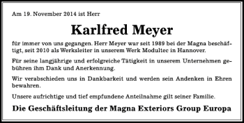Traueranzeige von Karlfred Meyer von Peiner Allgemeine Zeitung