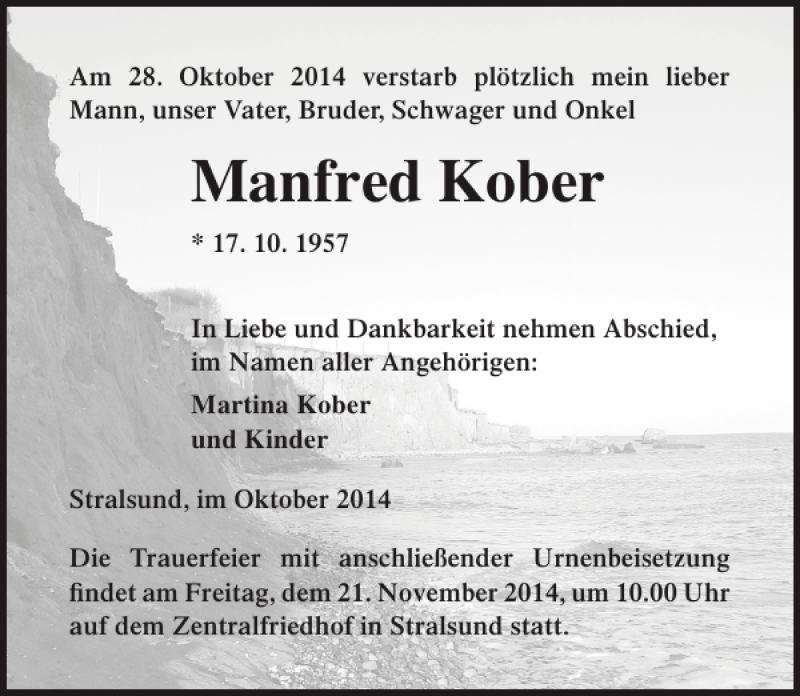  Traueranzeige für Manfred Kober vom 04.11.2014 aus Ostsee-Zeitung