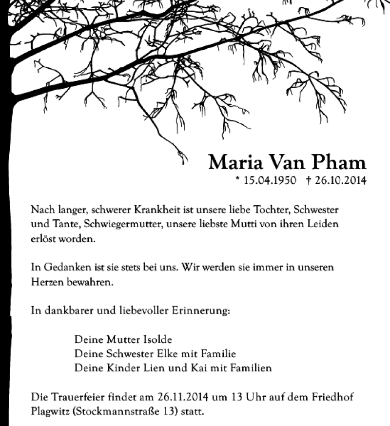  Traueranzeige für Maria Van Pham vom 15.11.2014 aus Leipziger Volkszeitung