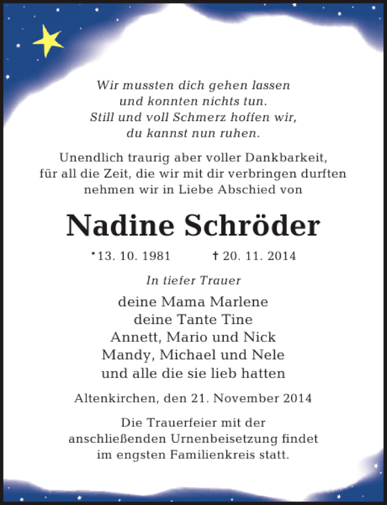  Traueranzeige für Nadine Schröder vom 26.11.2014 aus Ostsee-Zeitung