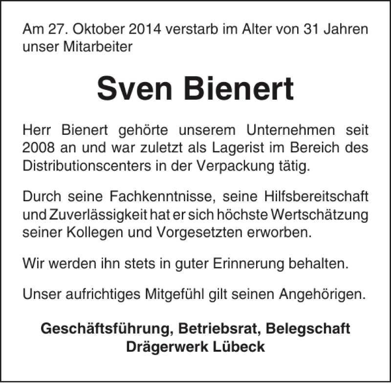  Traueranzeige für Sven Bienert vom 23.11.2014 aus Lübecker Nachrichten