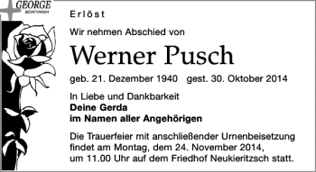 Traueranzeige von Werner Pusch von Leipziger Volkszeitung