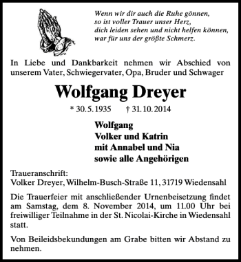 Traueranzeige von Wolfgang Dreyer von Schaumburger Nachrichten