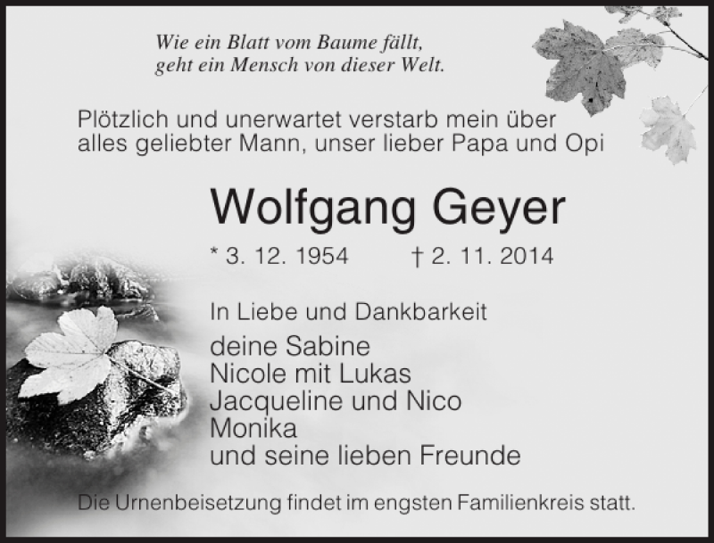  Traueranzeige für Wolfgang Geyer vom 05.11.2014 aus Ostsee-Zeitung