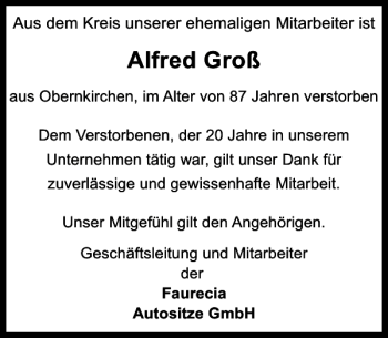 Traueranzeige von Alfred Groß von Schaumburger Nachrichten