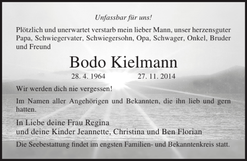  Traueranzeige für Bodo Kielmann vom 06.12.2014 aus Ostsee-Zeitung