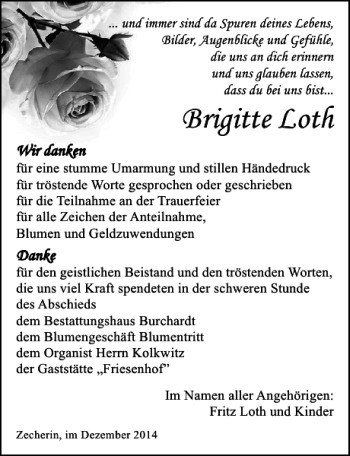 Traueranzeige von Brigitte Loth von Ostsee-Zeitung