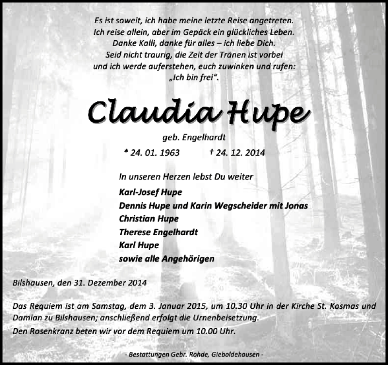  Traueranzeige für Claudia Hupe vom 31.12.2014 aus Eichsfelder Tageblatt