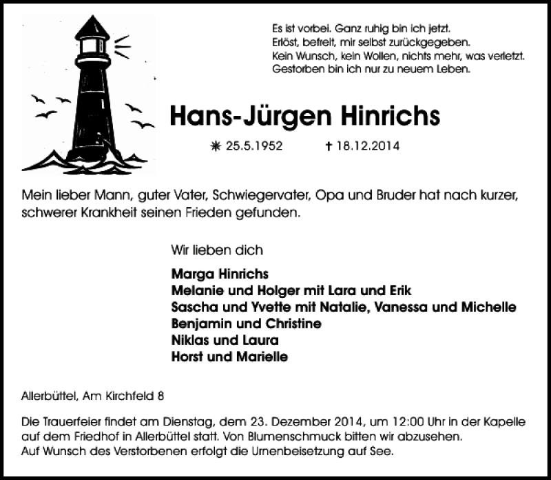  Traueranzeige für Hans-Jürgen Hinrichs vom 20.12.2014 aus Aller Zeitung / Wolfsburger Allgemeine