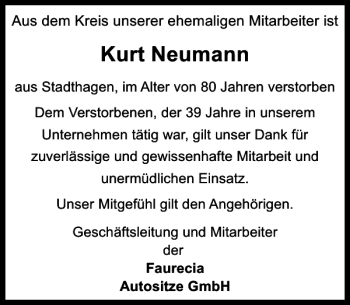 Traueranzeige von Kurt Neumann von Schaumburger Nachrichten