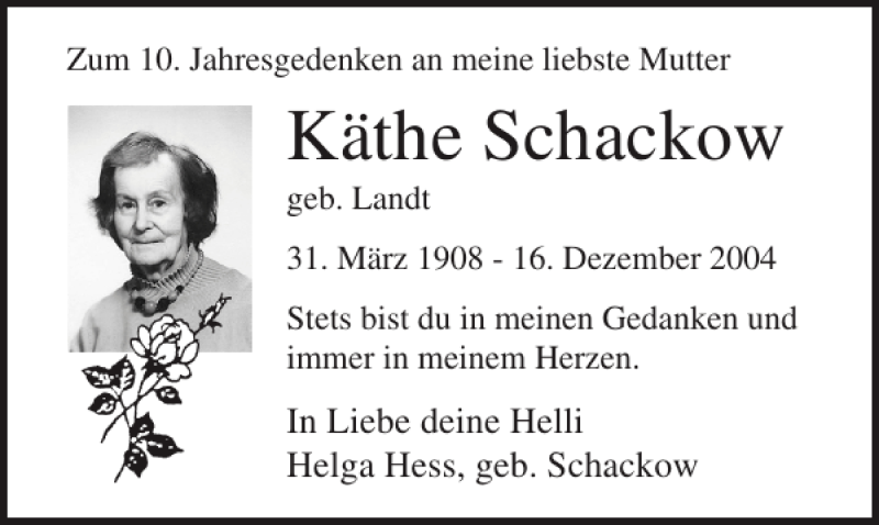  Traueranzeige für Käthe Schackow vom 16.12.2014 aus Ostsee-Zeitung