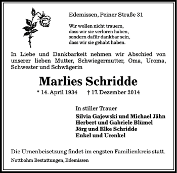 Traueranzeige von Marlies Schridde von Peiner Allgemeine Zeitung