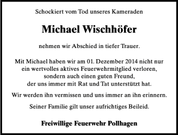 Traueranzeige von Michael Wischhöfer von Schaumburger Nachrichten