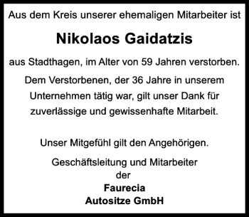 Traueranzeige von Nikolaos Gaidatzis von Schaumburger Nachrichten