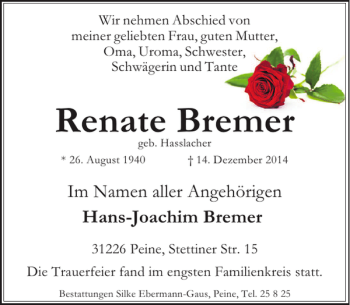 Traueranzeige von Renate Bremer von Peiner Allgemeine Zeitung