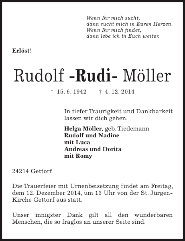  Traueranzeige für Rudolf Möller vom 06.12.2014 aus Kieler Nachrichten / Segeberger Zeitung
