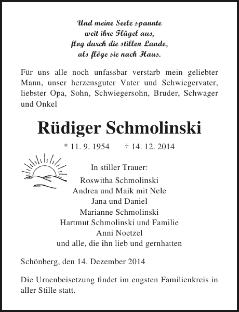  Traueranzeige für Rüdiger Schmolinski vom 16.12.2014 aus Ostsee-Zeitung