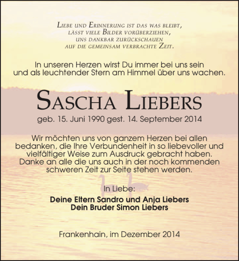  Traueranzeige für SASCHA LIEBERS vom 20.12.2014 aus Leipziger Volkszeitung