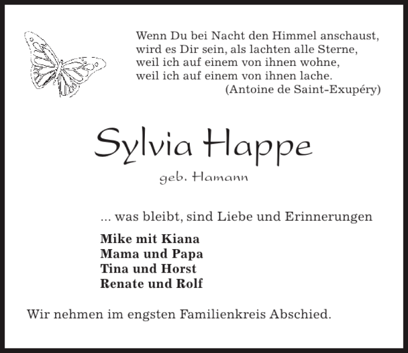  Traueranzeige für Sylvia Happe vom 13.12.2014 aus Kieler Nachrichten / Segeberger Zeitung