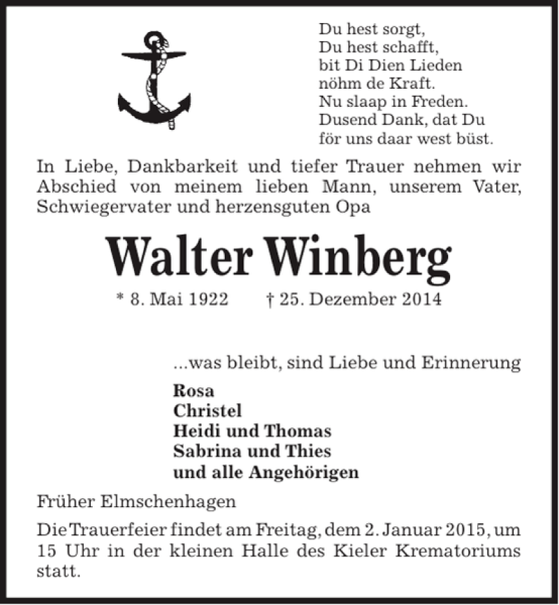  Traueranzeige für Walter Winberg vom 30.12.2014 aus Kieler Nachrichten / Segeberger Zeitung