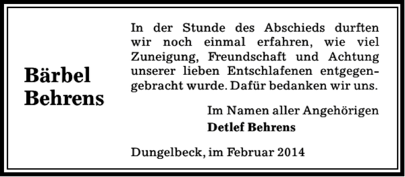  Traueranzeige für Bärbel Behrens vom 08.02.2014 aus Peiner Allgemeine Zeitung