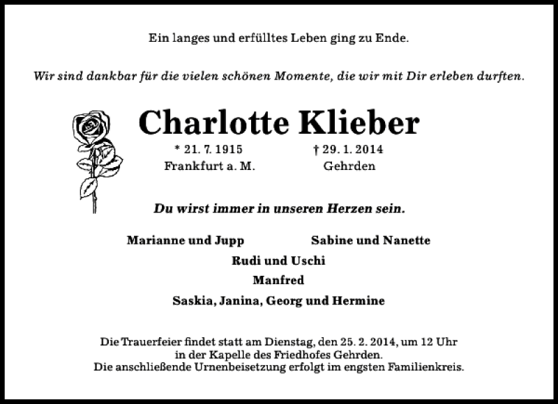  Traueranzeige für Charlotte Klieber vom 19.02.2014 aus HAZ/NP