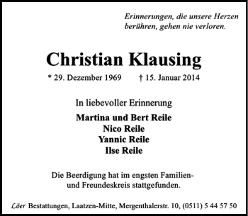 Traueranzeige von Christian Klausing von HAZ/NP