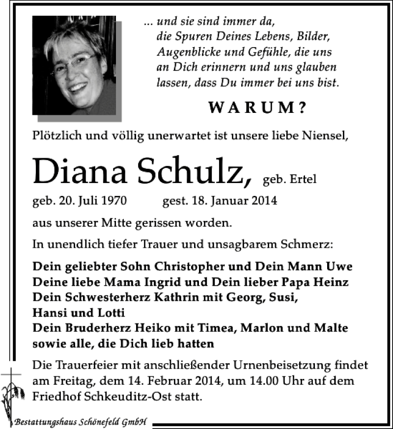  Traueranzeige für Diana Schulz vom 08.02.2014 aus Leipziger Volkszeitung