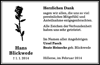 Traueranzeige von Hans Blickwede von Peiner Allgemeine Zeitung