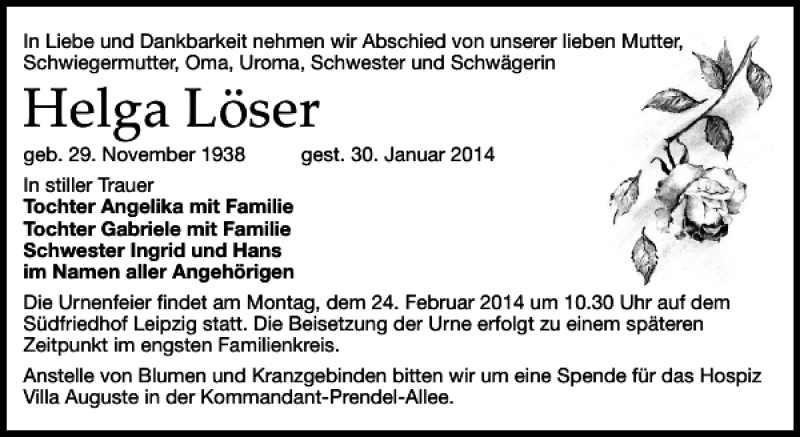 Traueranzeige für Helga Löser vom 08.02.2014 aus Leipziger Volkszeitung
