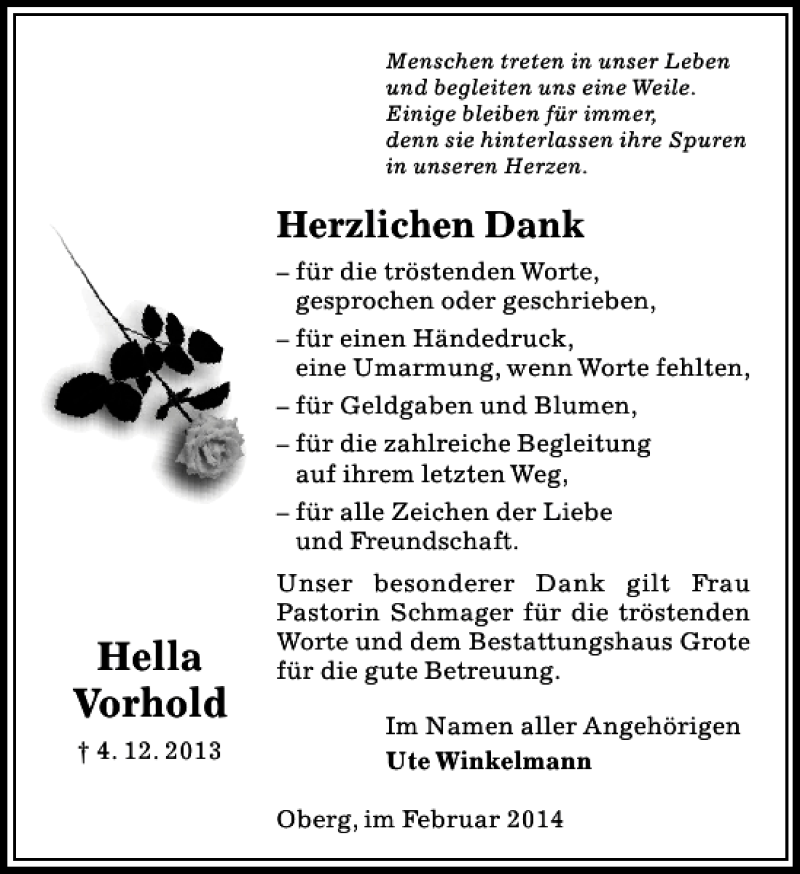  Traueranzeige für Hella Vorhold vom 08.02.2014 aus Peiner Allgemeine Zeitung