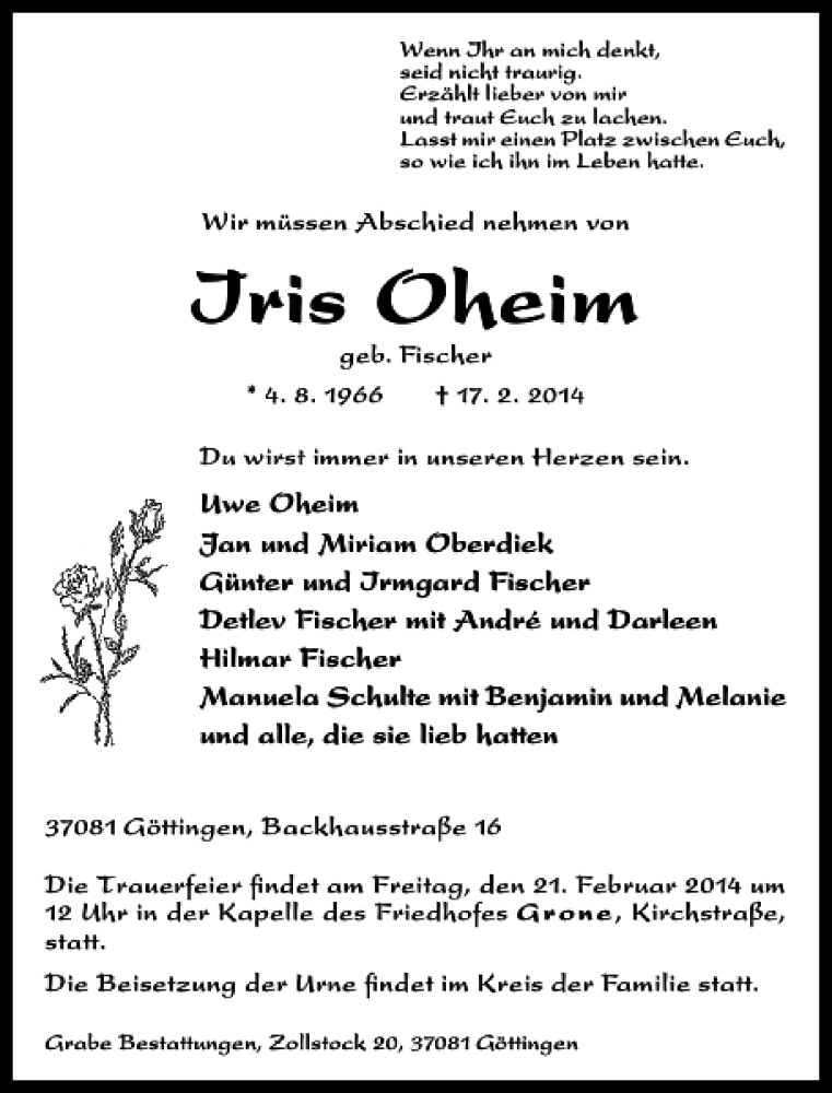  Traueranzeige für Iris Oheim vom 19.02.2014 aus Göttinger Tageblatt
