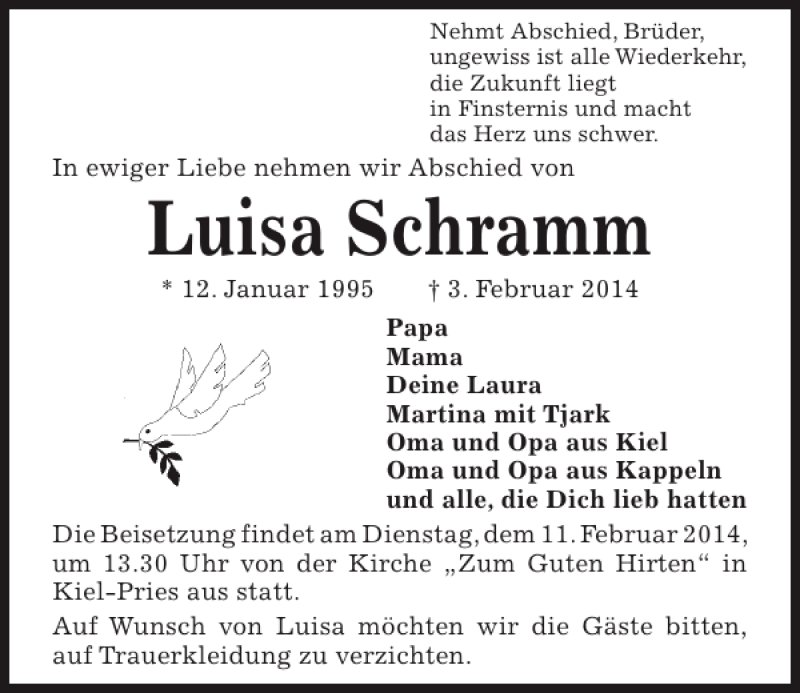  Traueranzeige für Luisa Schramm vom 08.02.2014 aus Kieler Nachrichten / Segeberger Zeitung