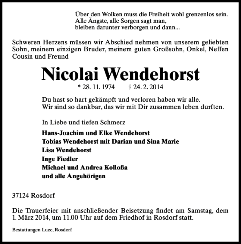  Traueranzeige für Nicolai Wendehorst vom 27.02.2014 aus Göttinger Tageblatt