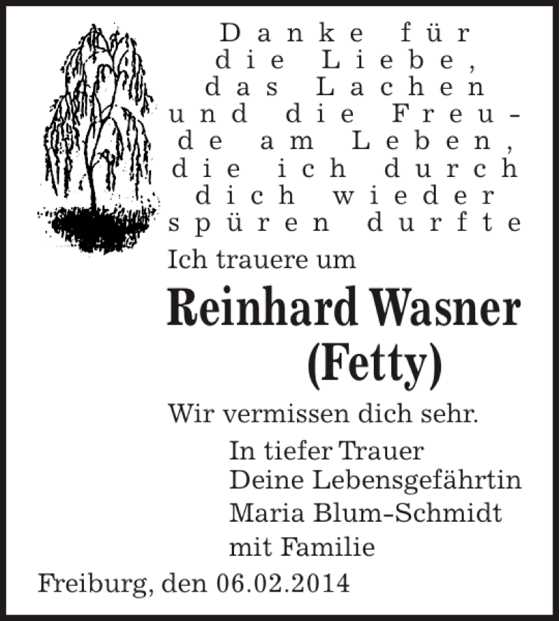  Traueranzeige für Reinhard Wasner (Fetty) vom 08.02.2014 aus HAZ/NP