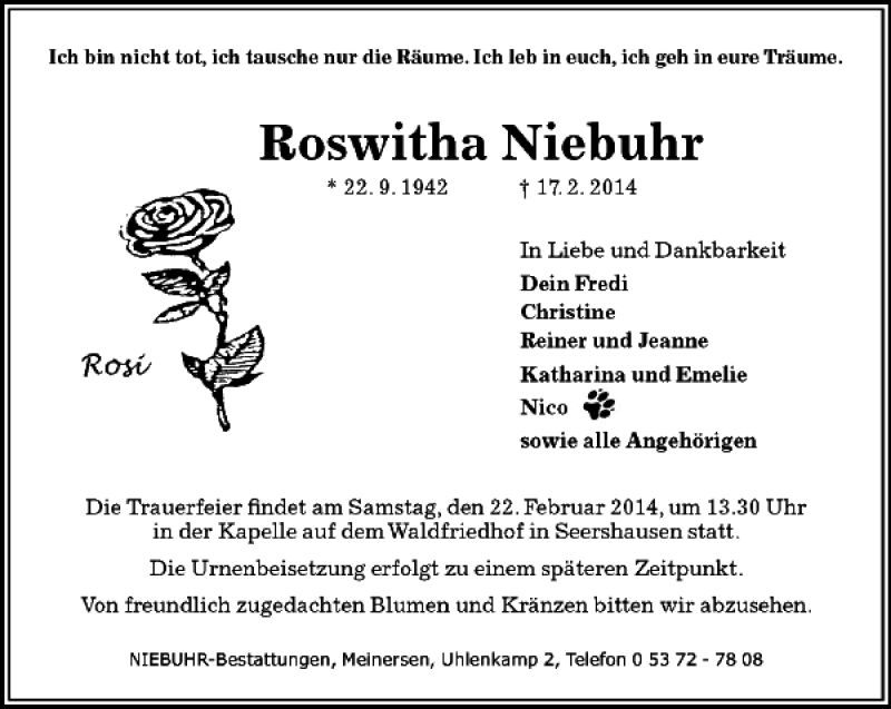 Traueranzeige für Roswitha Niebuhr vom 19.02.2014 aus Aller Zeitung / Wolfsburger Allgemeine