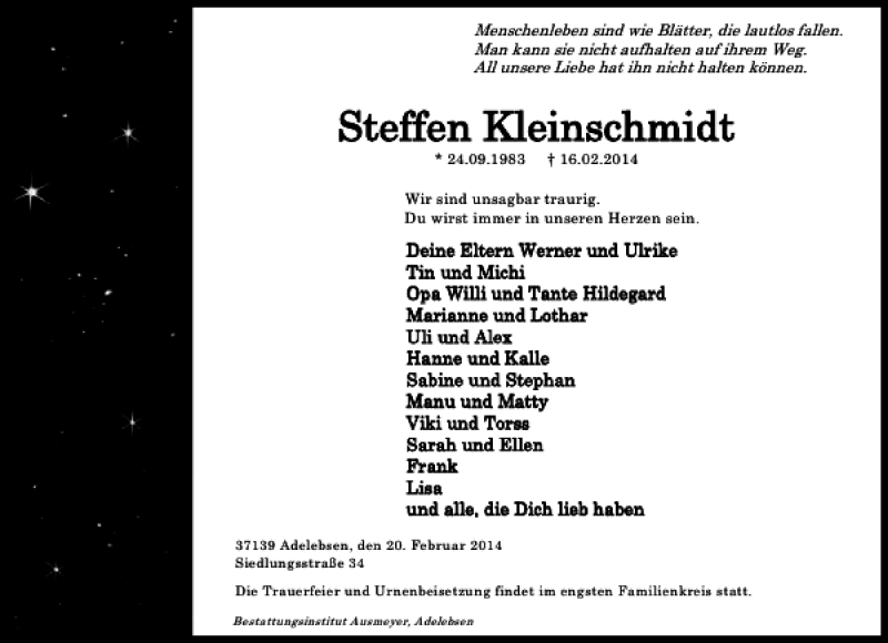  Traueranzeige für Steffen Kleinschmidt vom 20.02.2014 aus Göttinger Tageblatt