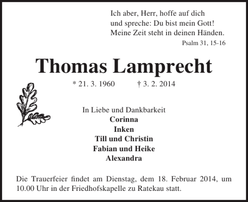  Traueranzeige für Thomas Lamprecht vom 09.02.2014 aus Lübecker Nachrichten