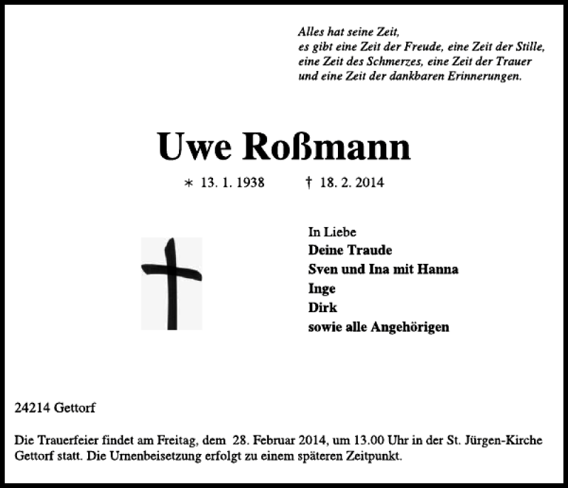  Traueranzeige für Uwe Roßmann vom 22.02.2014 aus Kieler Nachrichten / Segeberger Zeitung