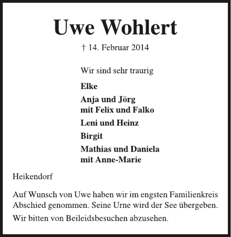  Traueranzeige für Uwe Wohlert vom 19.02.2014 aus Kieler Nachrichten / Segeberger Zeitung