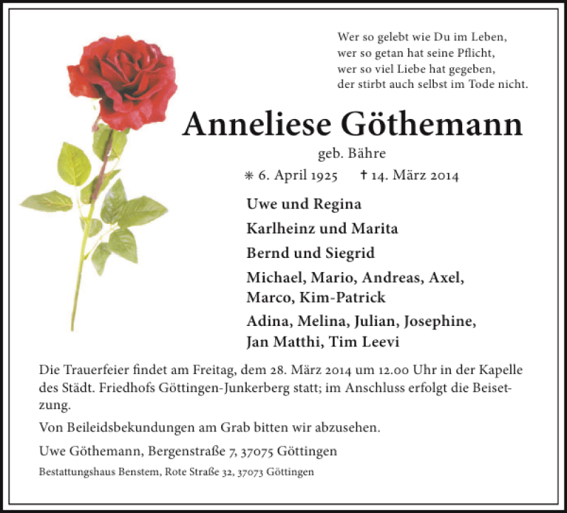  Traueranzeige für Anneliese Göthemann vom 22.03.2014 aus Göttinger Tageblatt