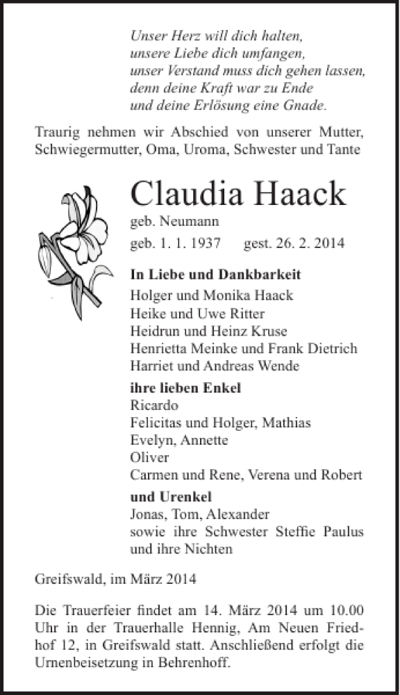  Traueranzeige für Claudia Haack vom 01.03.2014 aus Ostsee-Zeitung