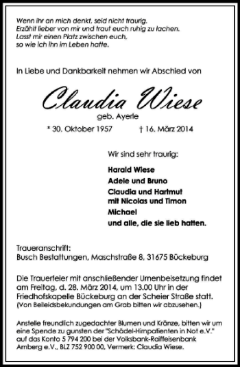 Traueranzeige von Claudia Wiese von Schaumburger Nachrichten