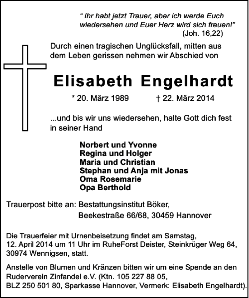  Traueranzeige für Elisabeth Engelhardt vom 29.03.2014 aus HAZ/NP