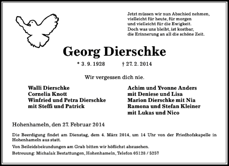  Traueranzeige für Georg Dierschke vom 03.03.2014 aus Peiner Allgemeine Zeitung