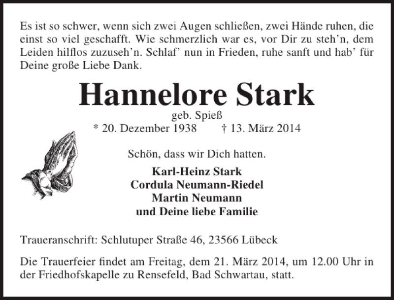  Traueranzeige für Hannelore Stark vom 16.03.2014 aus Lübecker Nachrichten