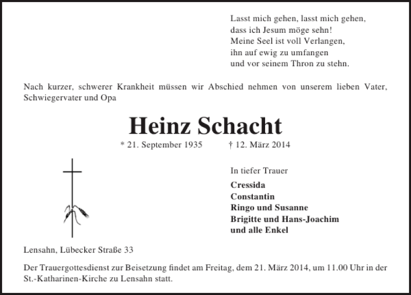  Traueranzeige für Heinz Schacht vom 18.03.2014 aus Lübecker Nachrichten