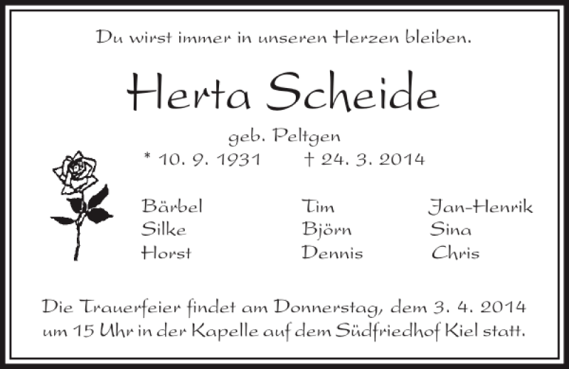  Traueranzeige für Herta Scheide vom 29.03.2014 aus Kieler Nachrichten / Segeberger Zeitung
