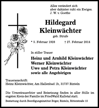 Traueranzeige von Hildegard Kleinwächter von Schaumburger Nachrichten