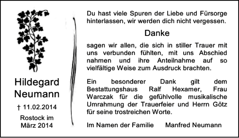  Traueranzeige für Hildegard Neumann vom 15.03.2014 aus Ostsee-Zeitung